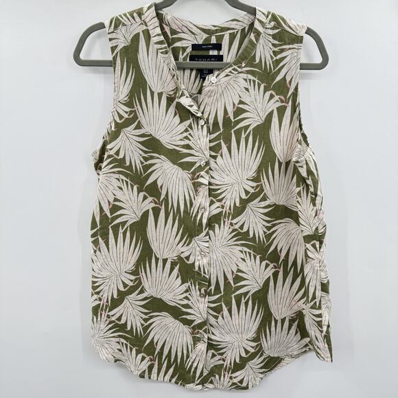Tahari 100% Linen Tropical Floral Button Up Shirt Sz M Green Sleeveless Hawaiian - Picture 1 of 7